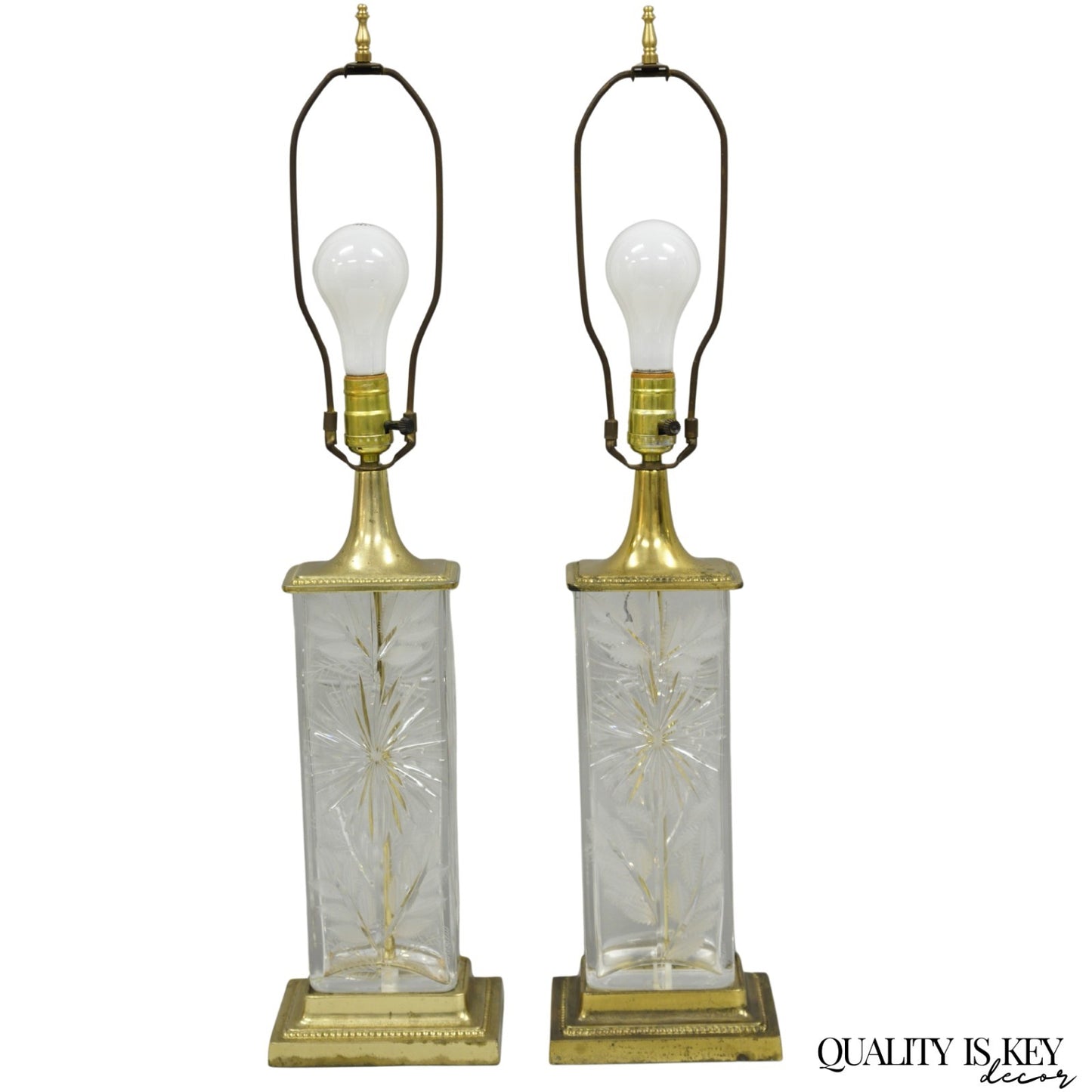 Vintage Dresden Victorian Cut Crystal Glass Flower Brass Table Lamps - a Pair