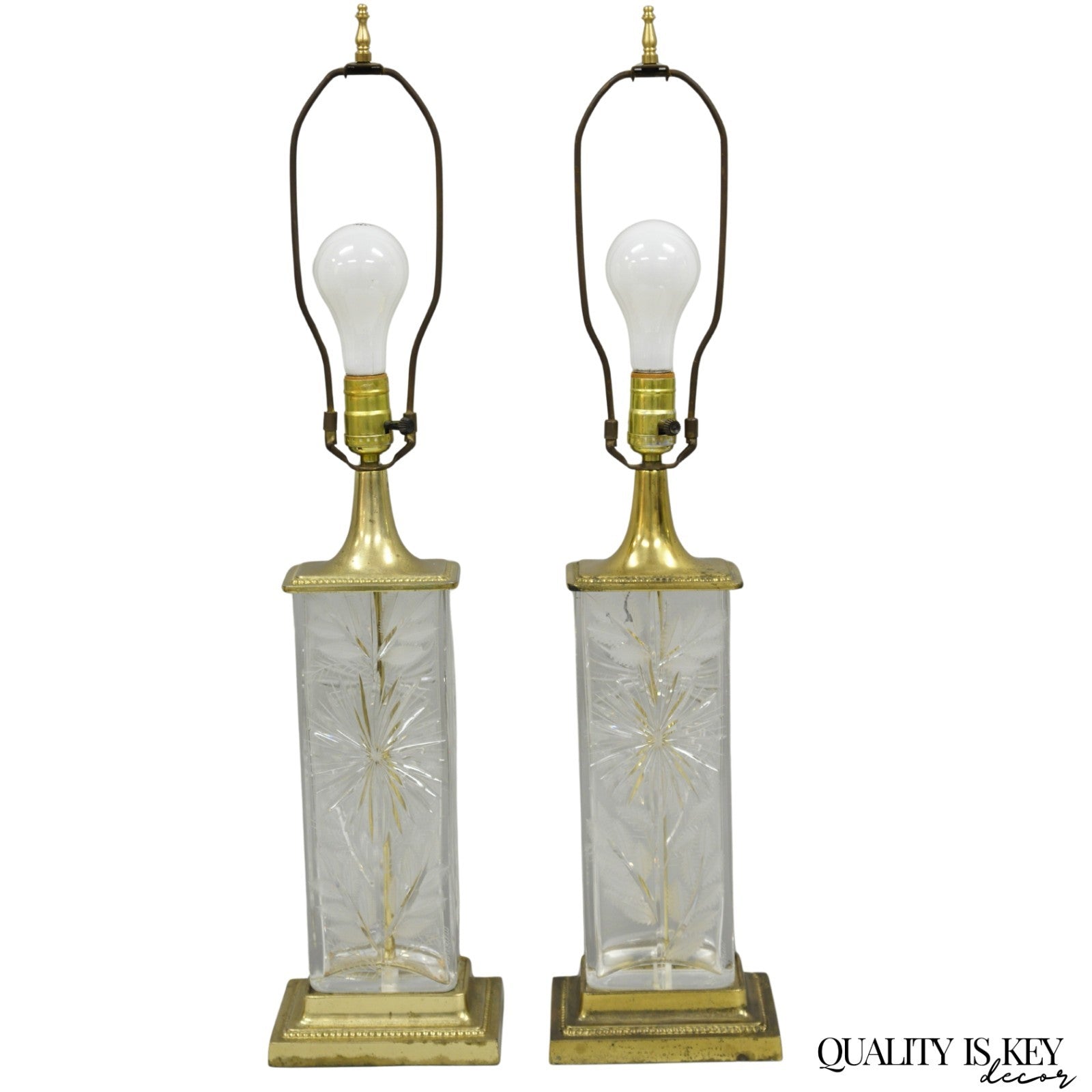 Vintage Dresden Victorian Cut Crystal Glass Flower Brass Table Lamps - a Pair