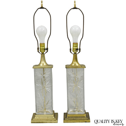 Vintage Dresden Victorian Cut Crystal Glass Flower Brass Table Lamps - a Pair