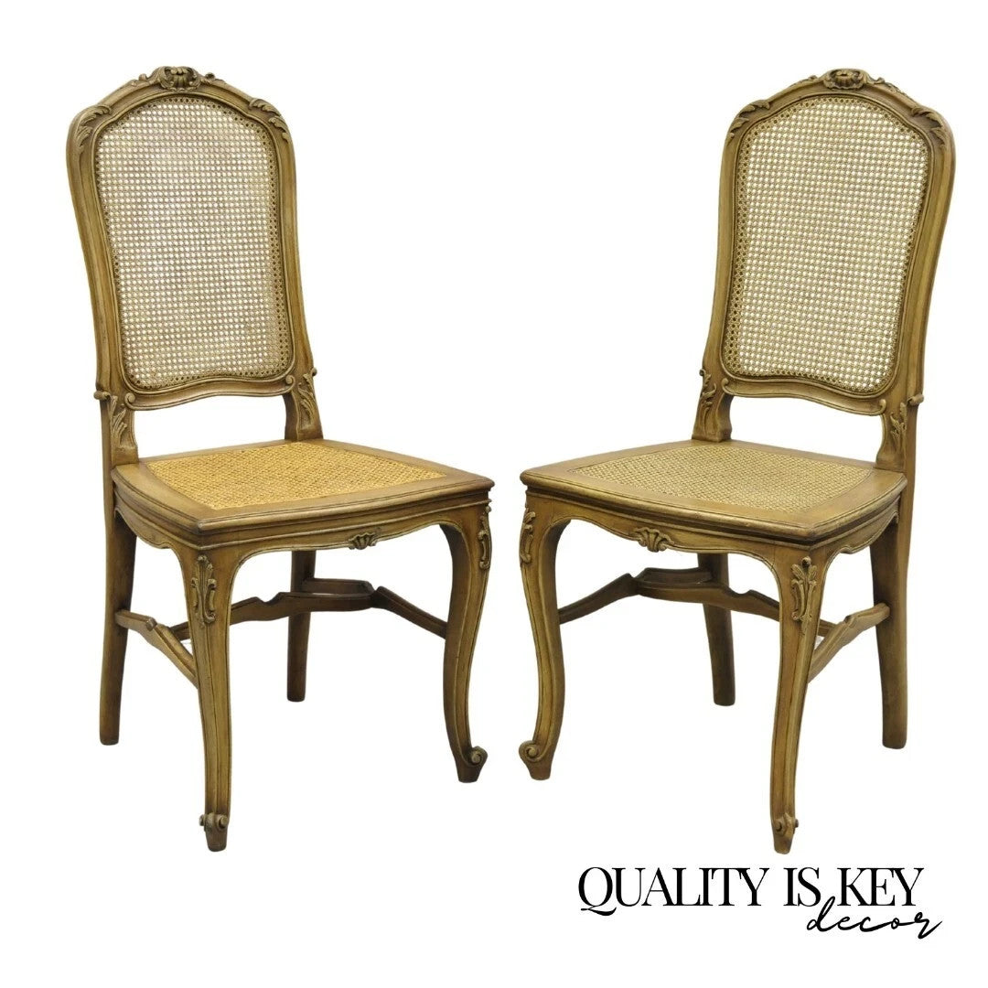 Antique French Provincial Louis XV Style Carved Walnut Cane Side Chair - a Pair