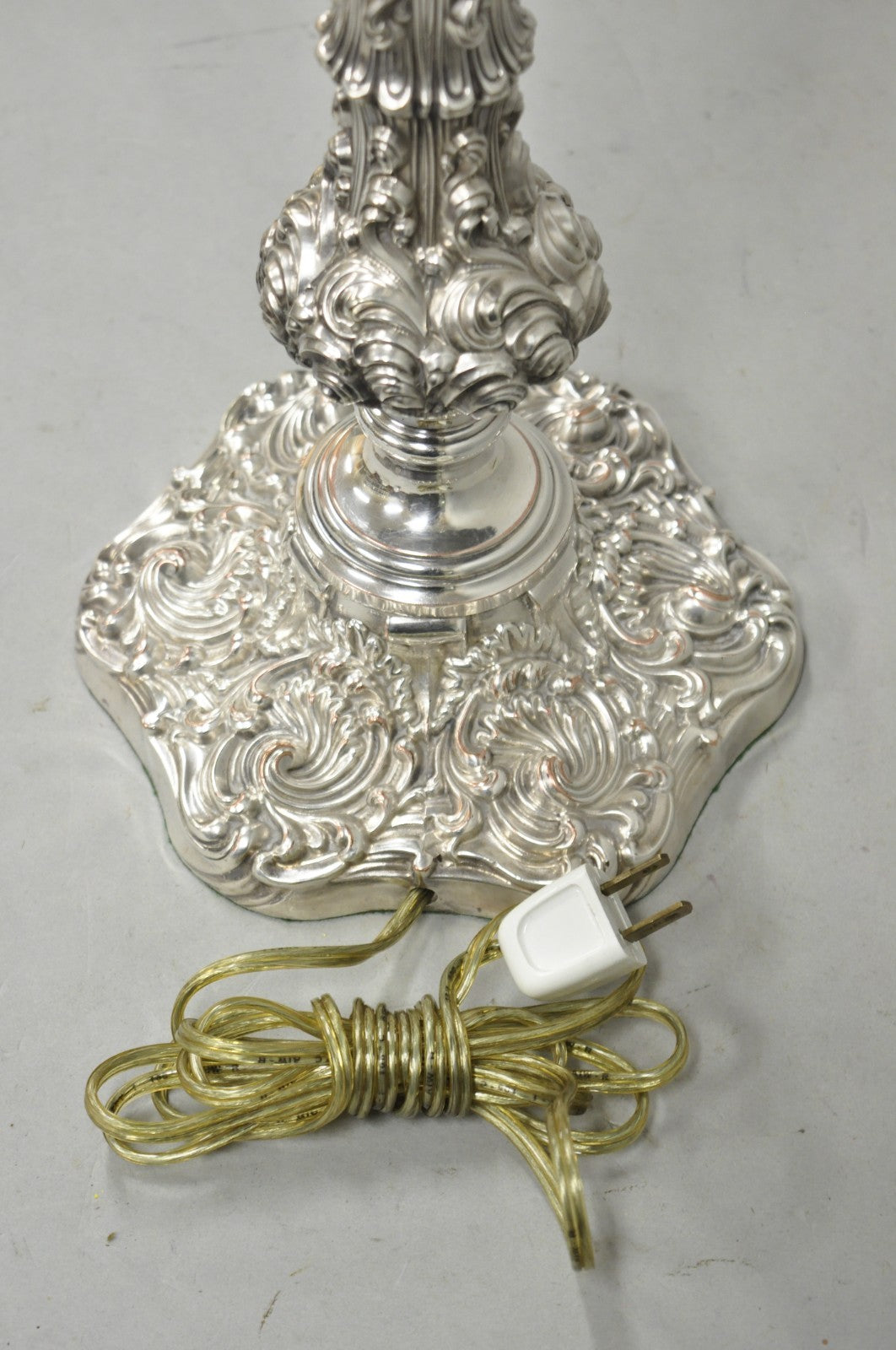 Antique English Victorian Silver Plated Scroll Repousse Candlestick Table Lamp