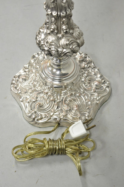 Antique English Victorian Silver Plated Scroll Repousse Candlestick Table Lamp
