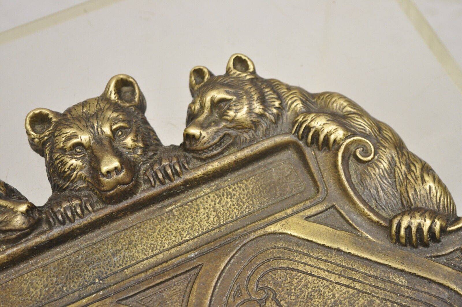 Antique Brass Bronze Black Forest Figural 3 Bears Desk Pen Tray Trinket Holder