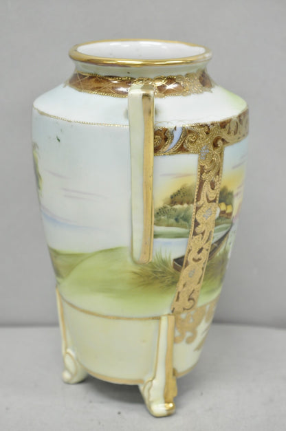 Antique Nippon Hand Painted Porcelain Twin Handled Vase w/ Swan & Lake Scene