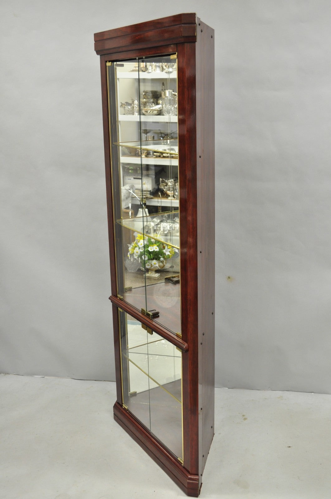 Contemporary Faux Cherry Wood Mirror Glass Corner Curio Display Case Cabinet