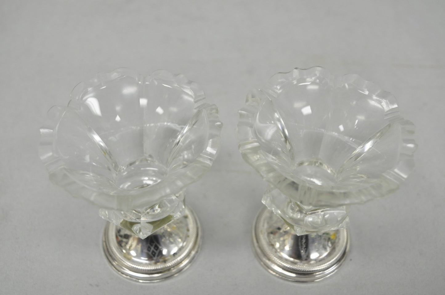 Antique English Victorian Crystal Glass & Silver Sweetmeat Candy Nut Dish, Set 6