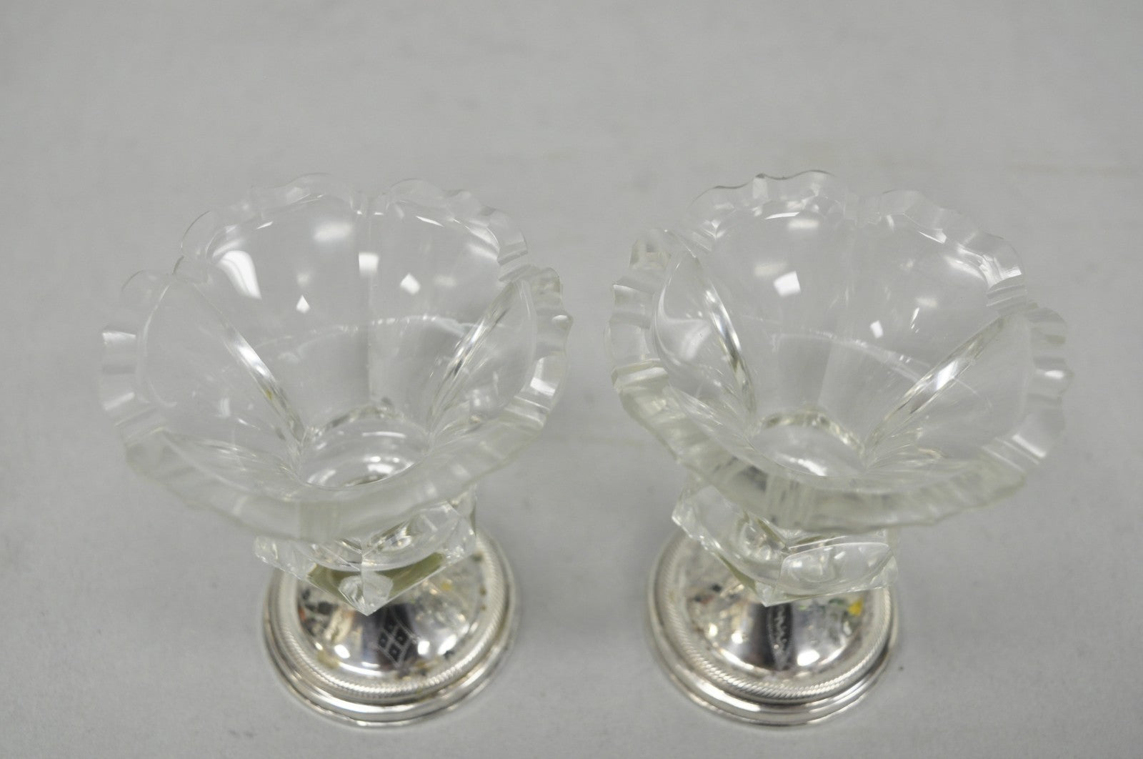 Antique English Victorian Crystal Glass & Silver Sweetmeat Candy Nut Dish, Set 6