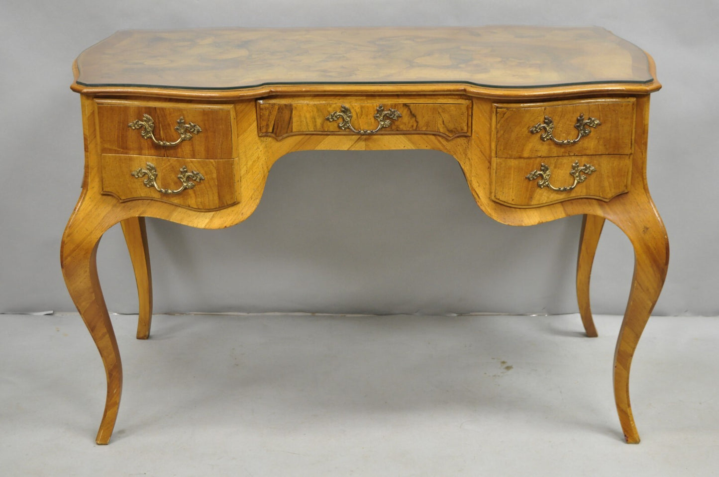 Vintage Italian Rococo French Country Burl Wood Olive Wood Inlay Writing Desk