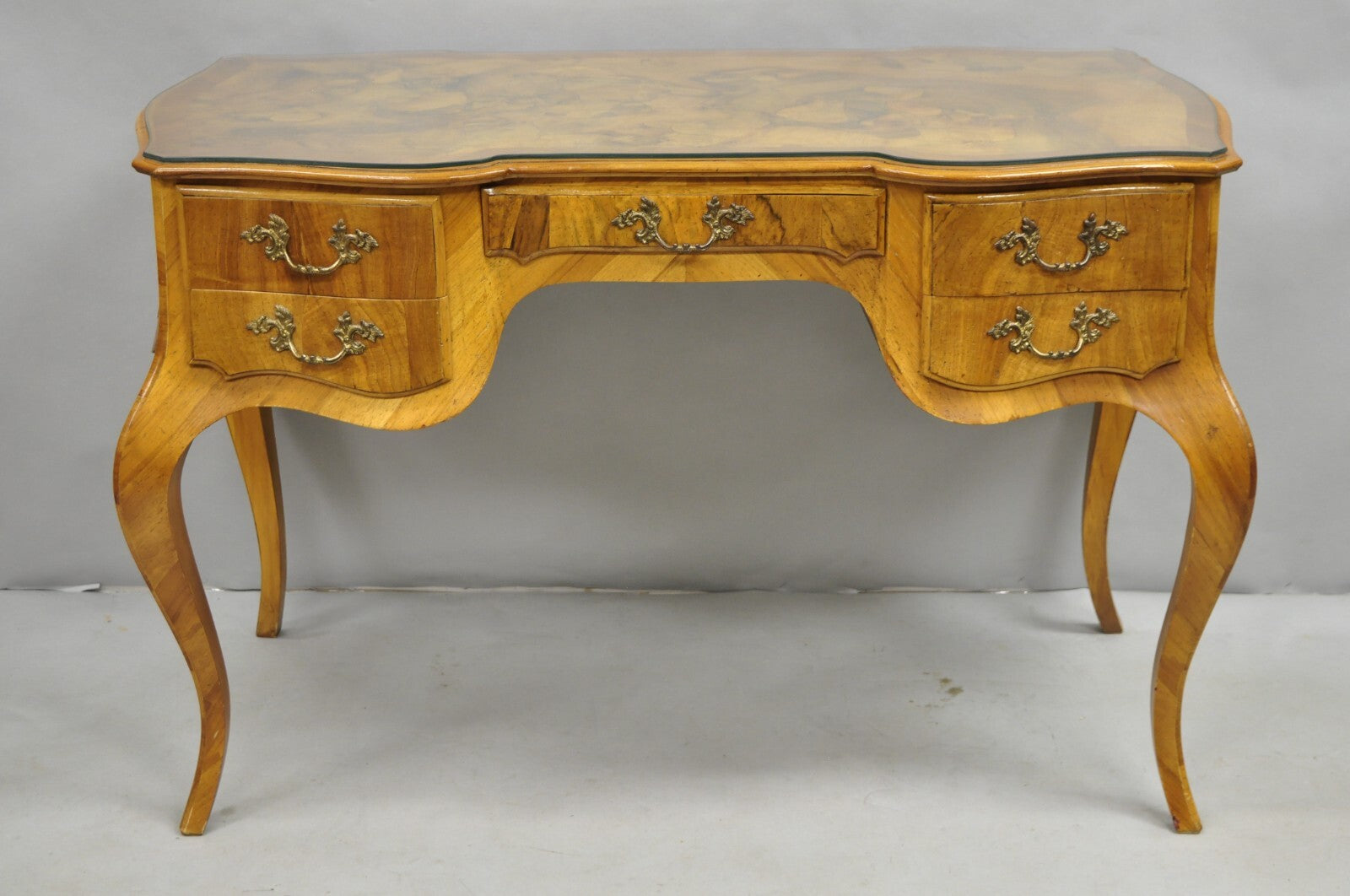 Vintage Italian Rococo French Country Burl Wood Olive Wood Inlay Writing Desk