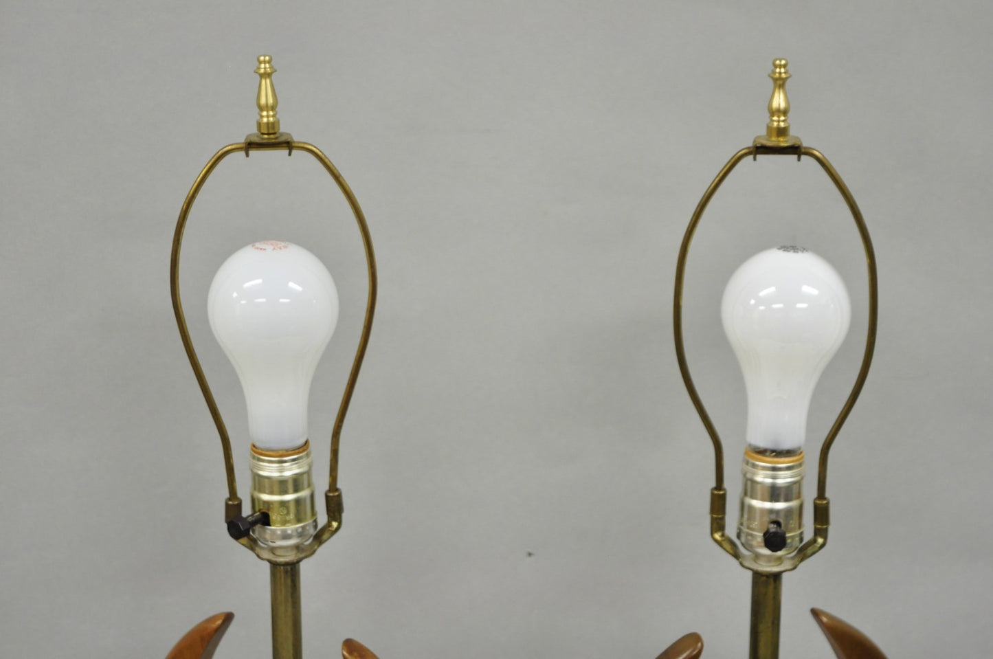 Vintage Mid Century Modern Sculptural Walnut Wood & Brass Table Lamps - a Pair