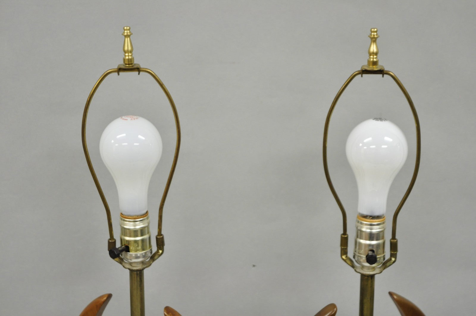 Vintage Mid Century Modern Sculptural Walnut Wood & Brass Table Lamps - a Pair