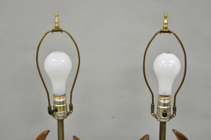 Vintage Mid Century Modern Sculptural Walnut Wood & Brass Table Lamps - a Pair