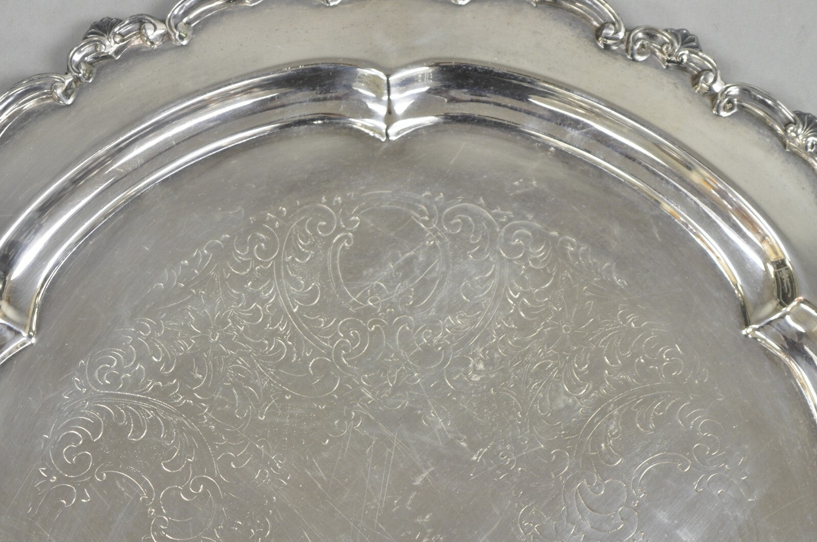 Vintage English Victorian Silver Plated Round Serving Platter Bar Tray w Handles