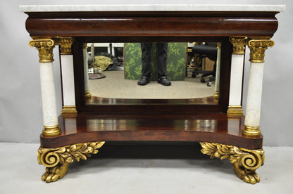 Antique American New York Classical Marble Top Mahogany Console Pier Table