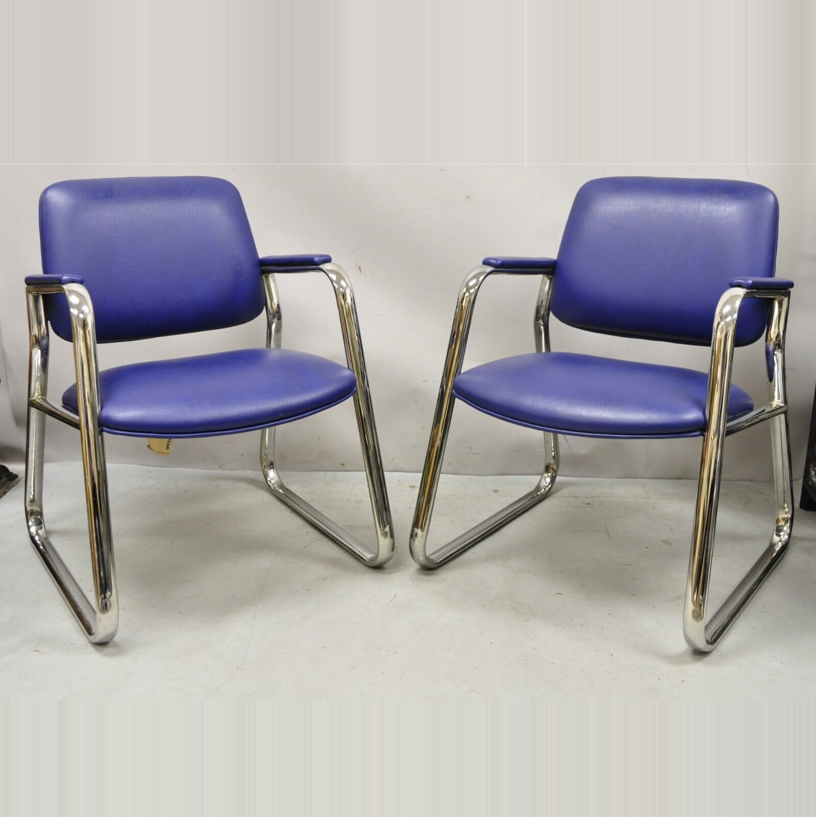 Vintage Lawsonia Stylex Blue Vinyl Chrome Frame Lounge Chairs - a Pair