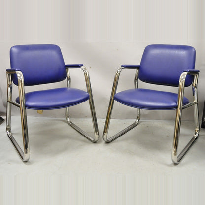 Vintage Lawsonia Stylex Blue Vinyl Chrome Frame Lounge Chairs - a Pair