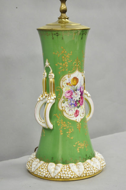 Antique Victorian Green Austrian Porcelain Hand Painted Flower French Table Lamp