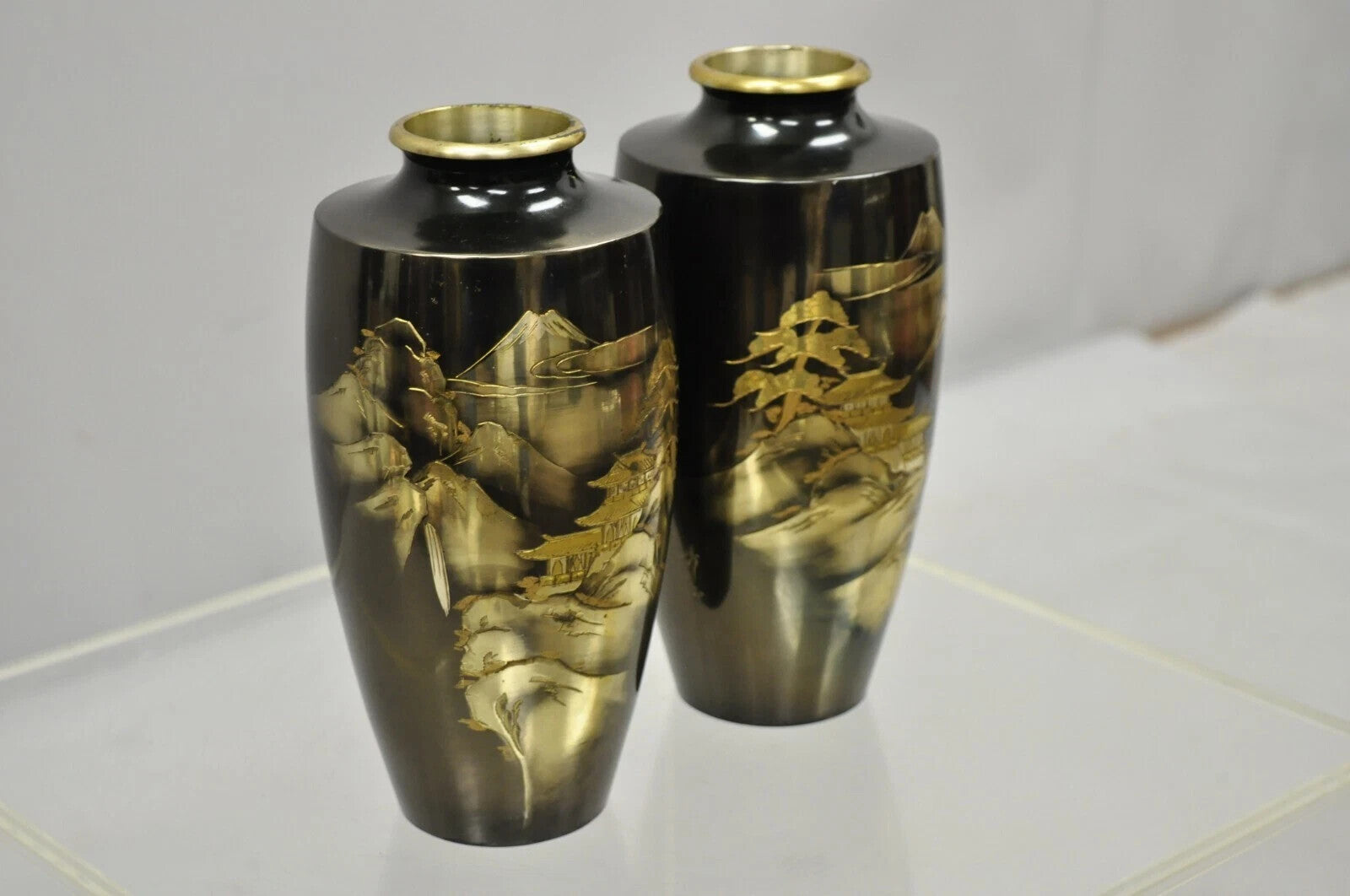 Vintage 10" Oriental Bronze Metal Pagoda Mountain Engraved Vase Set - a Pair