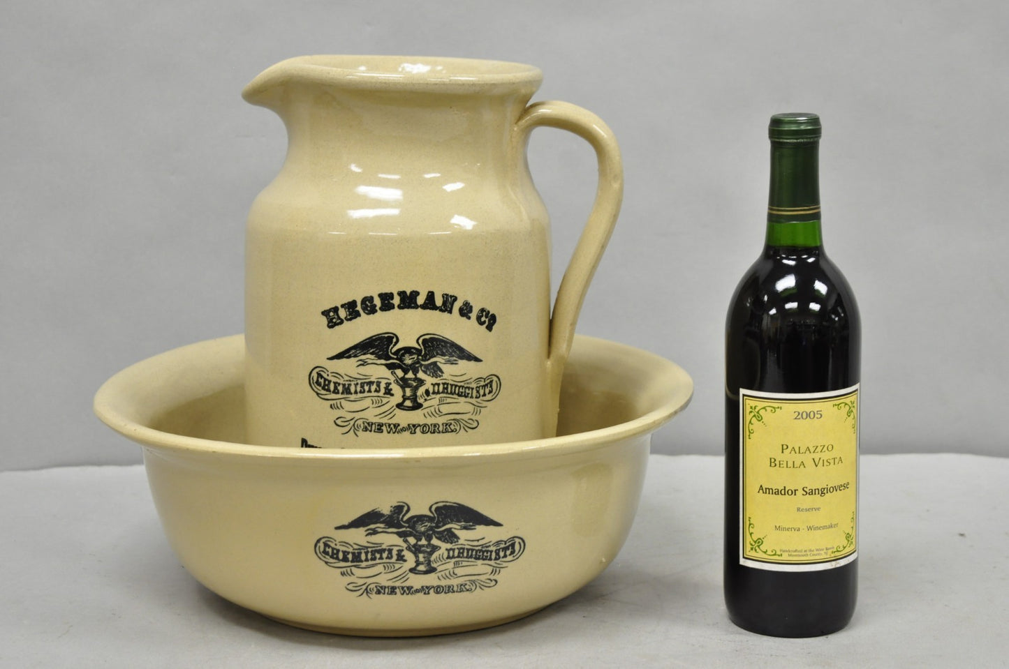 Hegeman & Co. Large Pitcher w Basin 1837 Stoneware Drugs Medicines NY Apothecary