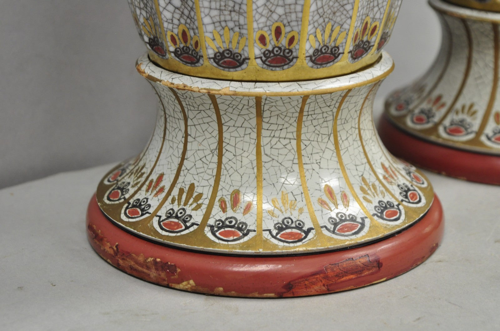 Victorian Red White Floral Painted French Porcelain Jardinière Table Lamps, Pair