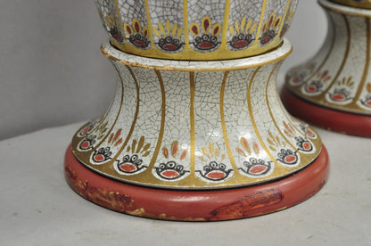 Victorian Red White Floral Painted French Porcelain Jardinière Table Lamps, Pair