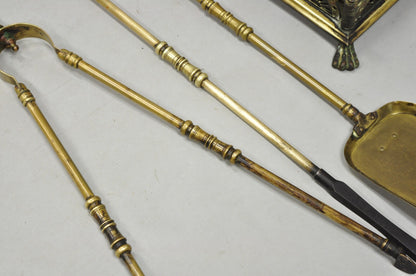 Antique English Art Nouveau Brass Paw Foot Fireplace Tool Set - 4 Pc Set