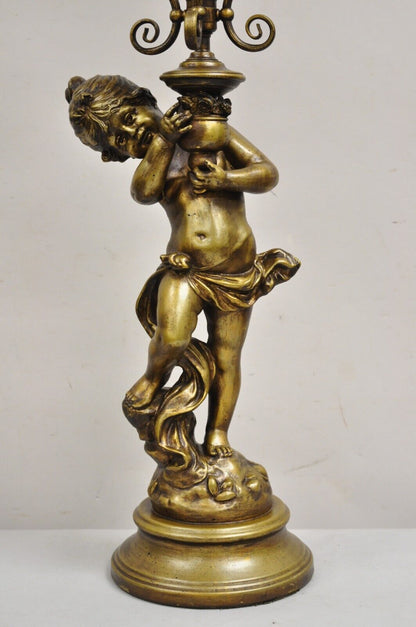 Vintage French Renaissance Metal Figural Girl Cherub Putti Candelabra Table Lamp