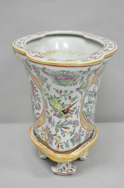 Vintage Chinese Export Porcelain Bird Painted Cachepot Flower Pot Vase