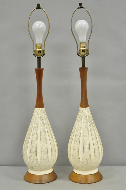 Vintage Mid Century Modern Sculpted White Ceramic & Teak Wood Table Lamps - Pair