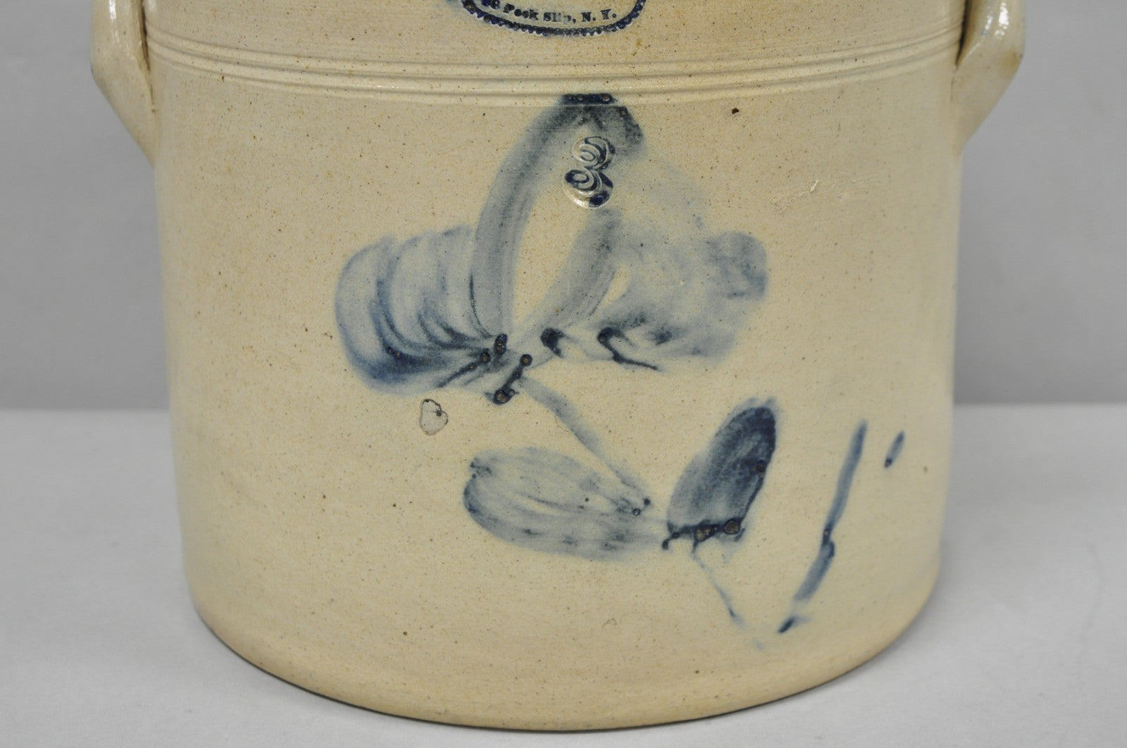 Antique A.E. Smith & Sons Cobalt Blue Painted Flower 3 Gallon Stoneware Crock