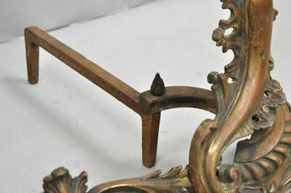 Antique French Louis XV Patinated Brass Bronze Small Fireplace Andirons & Fender