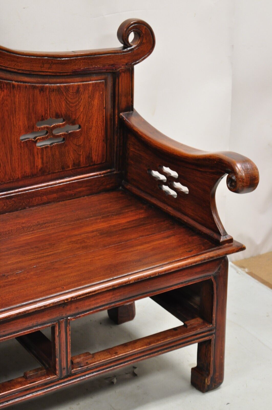 Vintage Chinese Mahogany Carved Wood Pagoda Sofa Hall Wedding Bench