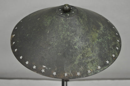 Brutalist Mid Century Modern Verdigris Green Bronze Star Cutout Small Table Lamp