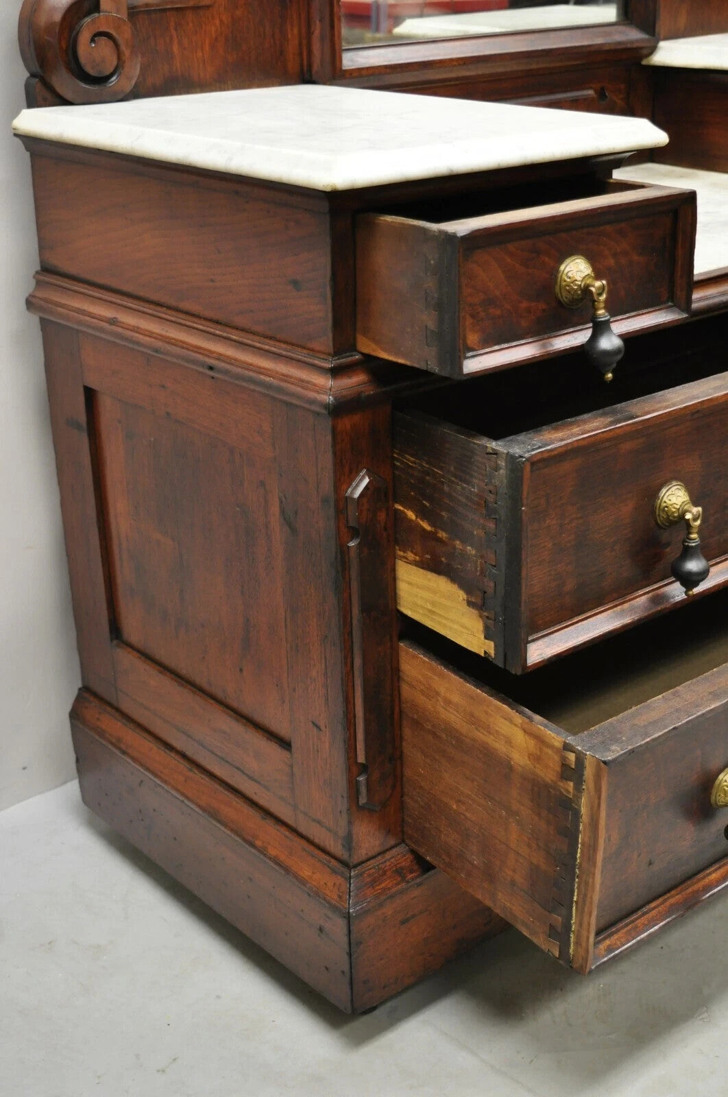 Antique Eastlake Victorian Walnut 3 Marble Tier Dresser Chest With Tall Mirror