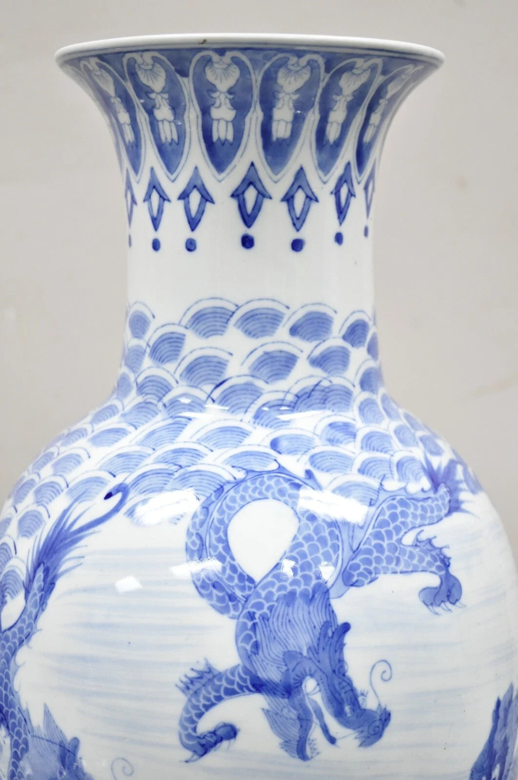 Vintage Chinese Export Delf Style Blue and White Porcelain 25" Tall Dragon Vase