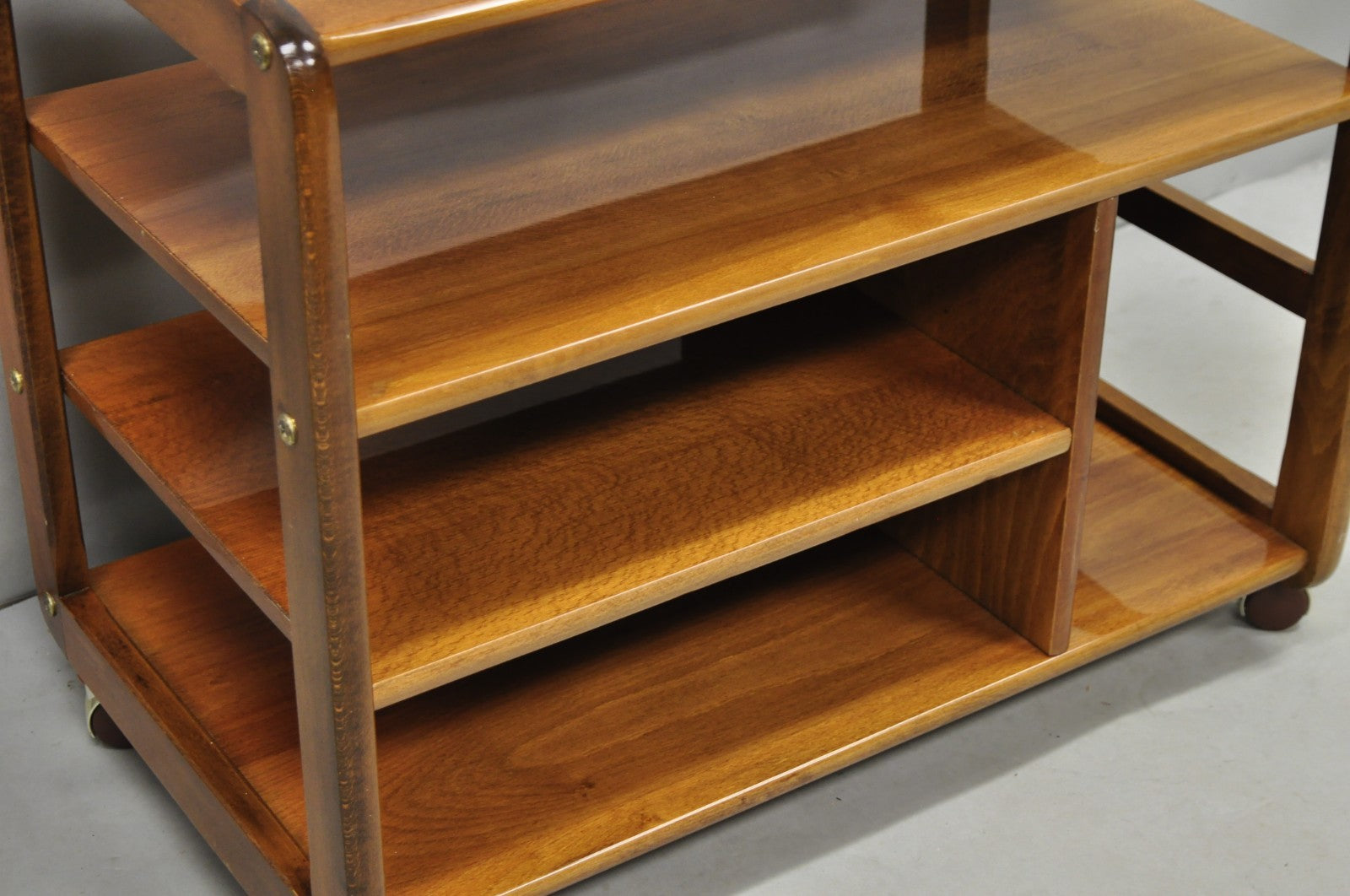 Vintage Mid Century Modern Lacquered Cherry Wood Rolling Cart TV Stand Shelf