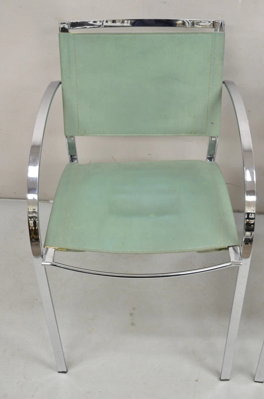 Italian Modern Naos Italy Teal Blue Leather Chrome "Corset" Arm Chairs - a Pair