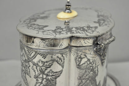 Antique Victorian Silver Plated Etched Footed Hinged Biscuit Barrel Jar on Stand