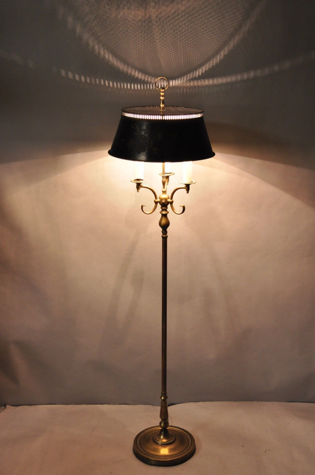 Vintage French Country Brass Reading Floor Pole Lamp with Tole Metal Shade