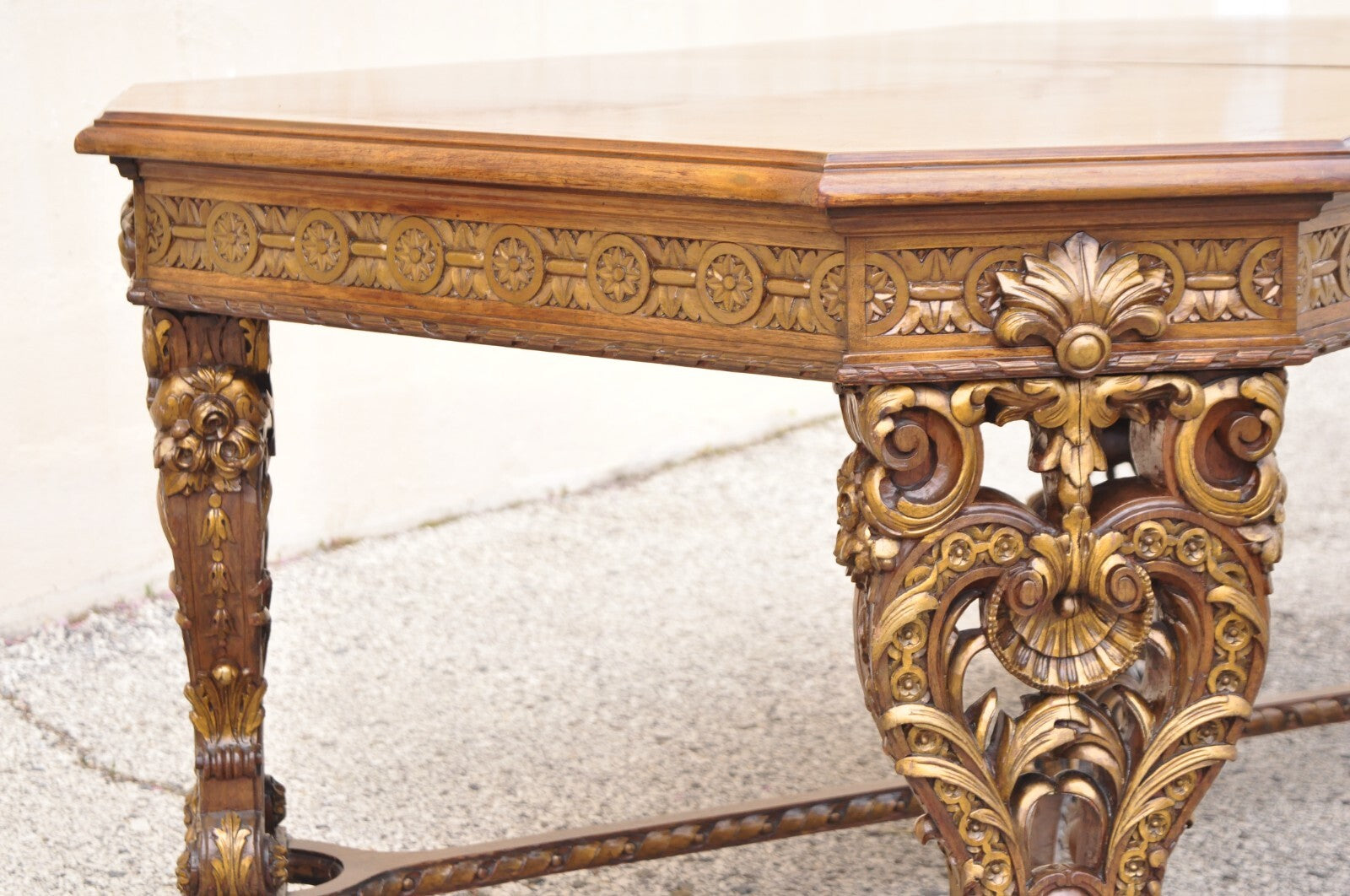 Antique French Baroque Rococo Revival Carved Walnut Dining Table w/ 2 Leaves
