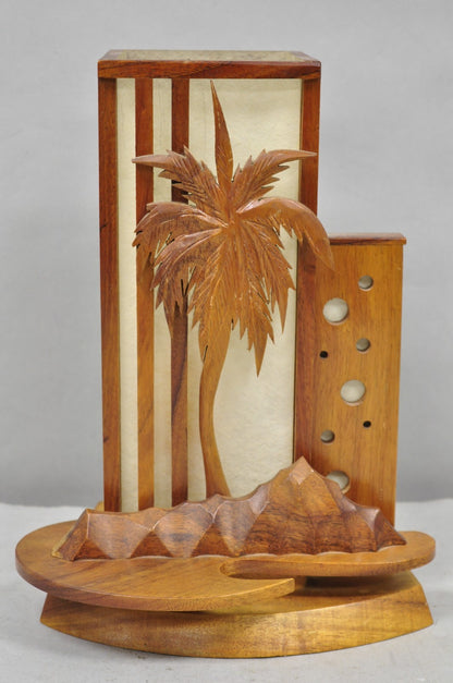 Vintage Mid Century Modern Carved Hawaiian Koa Wood Palm Tree Tiki Table Lamp
