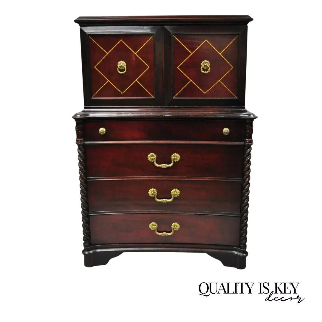 Vintage Hollywood Regency Mahogany Leather Door Tall Chest on Chest Dresser