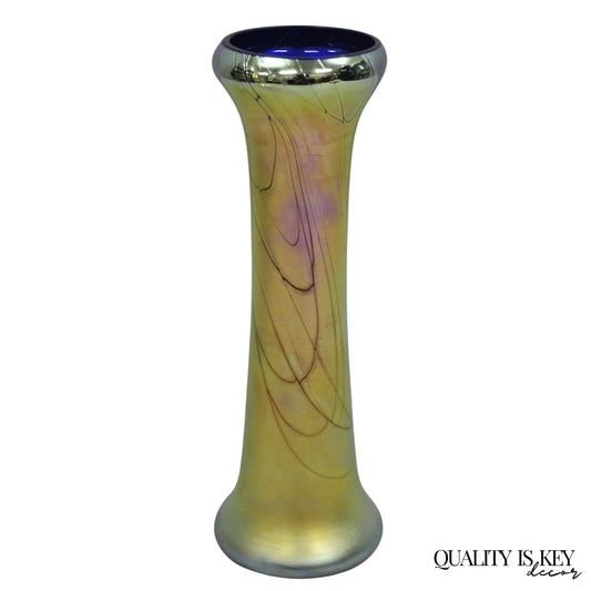 Vintage Steven Maslach 1987 Signed Iridescent & Cobalt Blue Art Glass Vase
