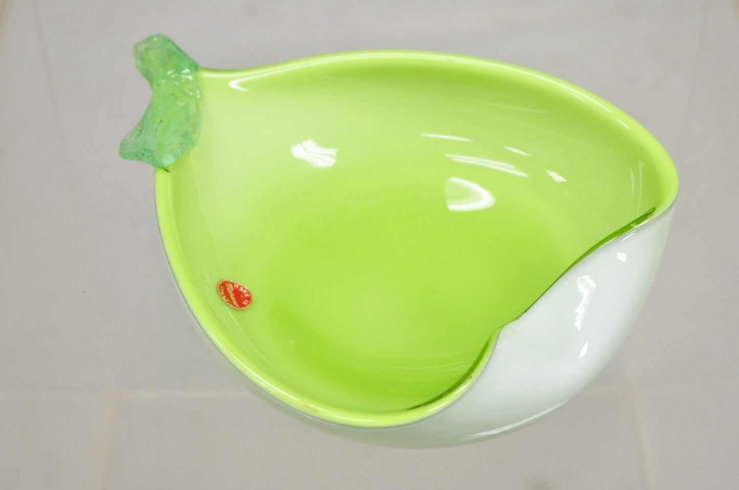 Italian Barbini Murano Art Glass Pear Shaped Green & White Bowl Trinket Dish