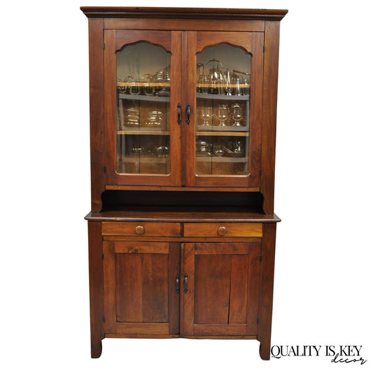 Antique Primitive Country Farmhouse Pine & Cherry Hutch Cupboard China Cabinet