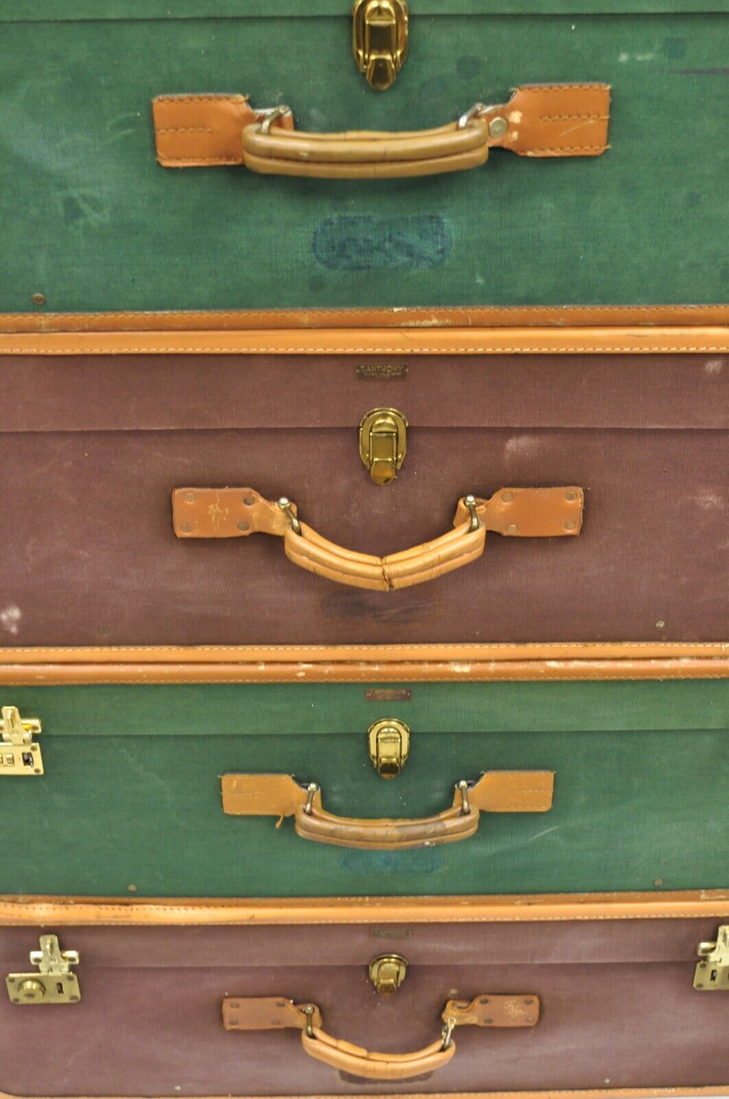 Vintage T. Anthony Art Deco Leather & Canvas Green Brown Hard Luggage - 4 Pc Set