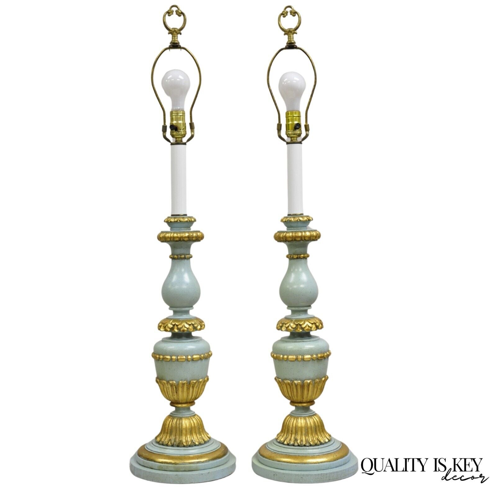 Italian Hollywood Regency Blue & Gold Carved Wood Candlestick Table Lamp - Pair