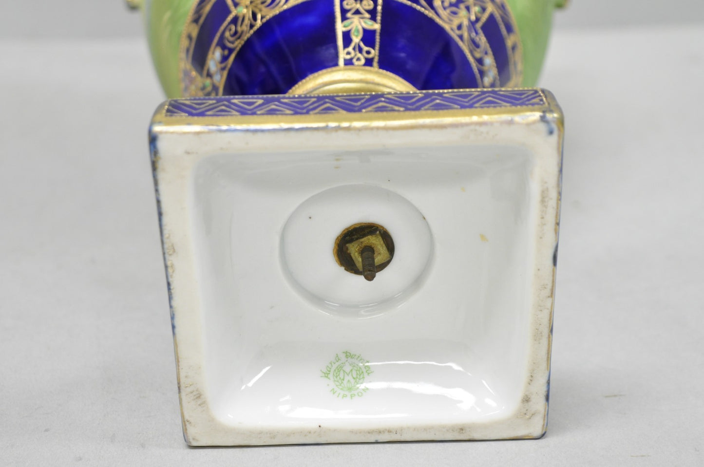 Antique Nippon Hand Painted Cobalt Blue Porcelain Twin Handle Bolted Urn Vase
