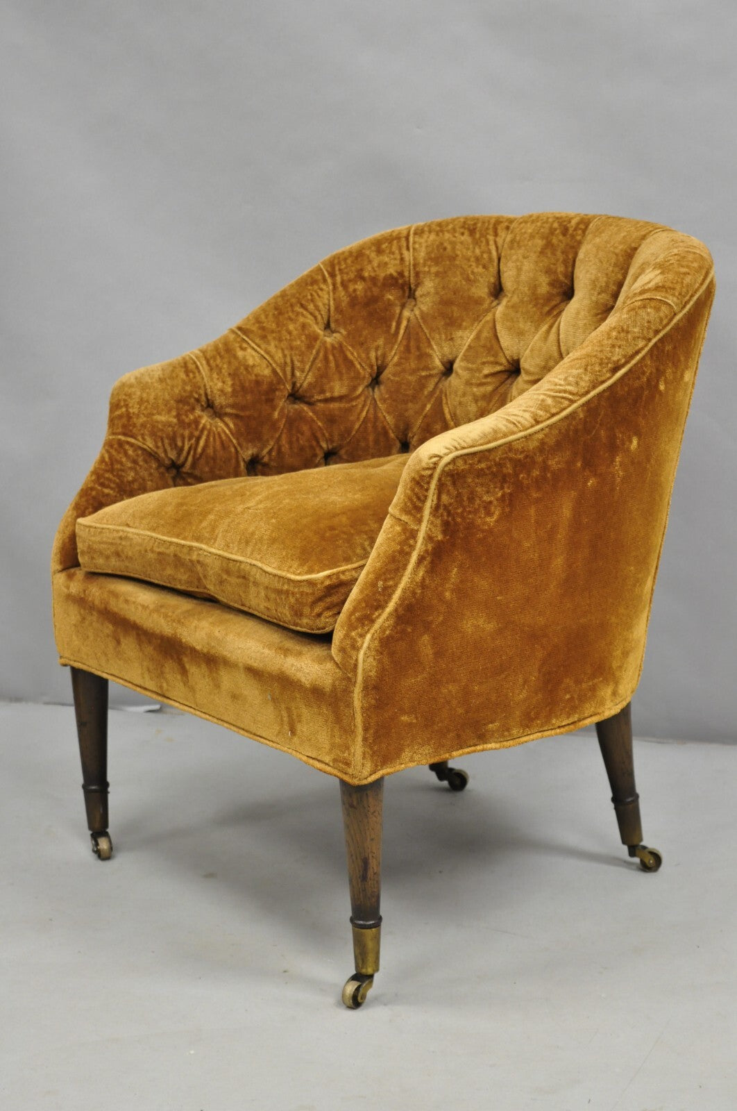 Vintage Marshall & Fields English Regency Brown Orange Barrel Back Club Chair