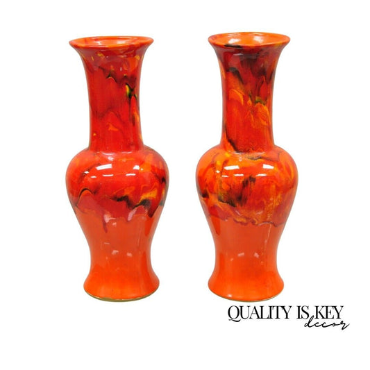 Pair Vintage Red Lava Drip Glazed Mid Century Modern Ceramic Pottery Vessel Vase